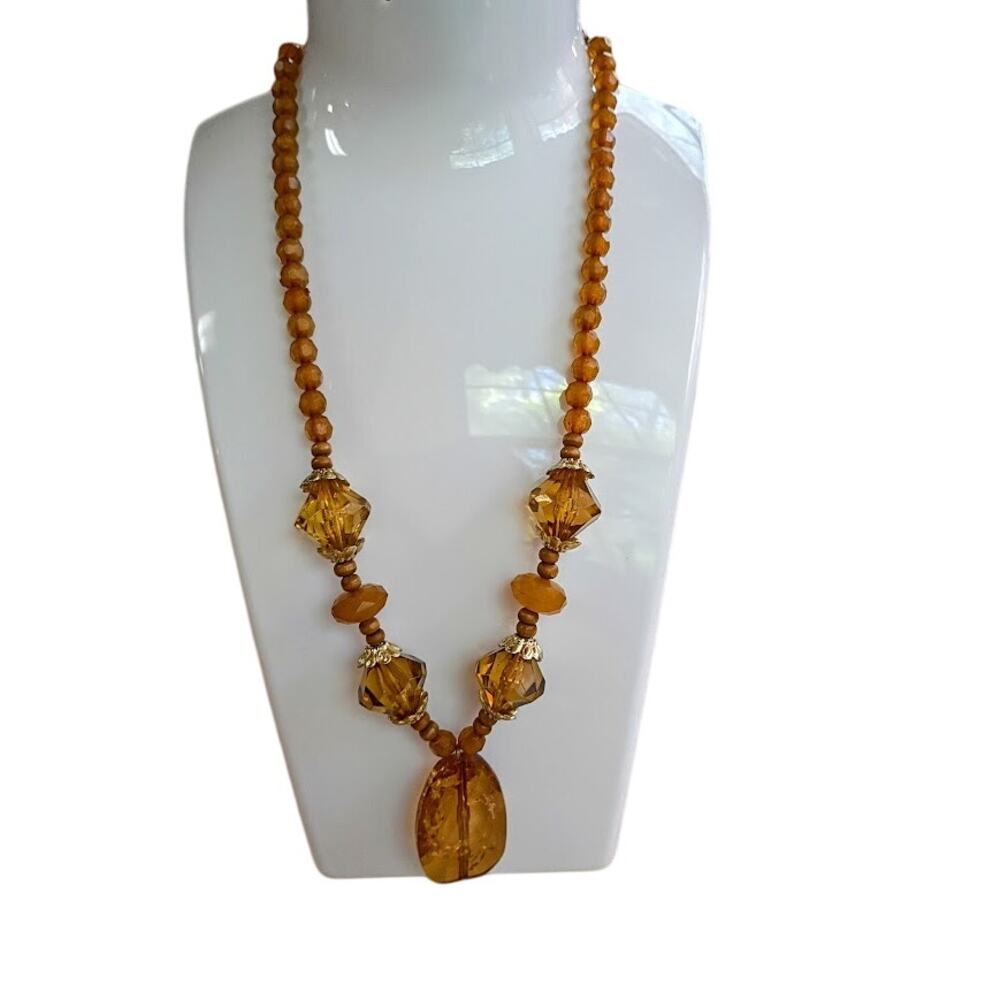 Vintage Y-drop Necklace Art Deco Czech Faceted Amber Glass 19.5"